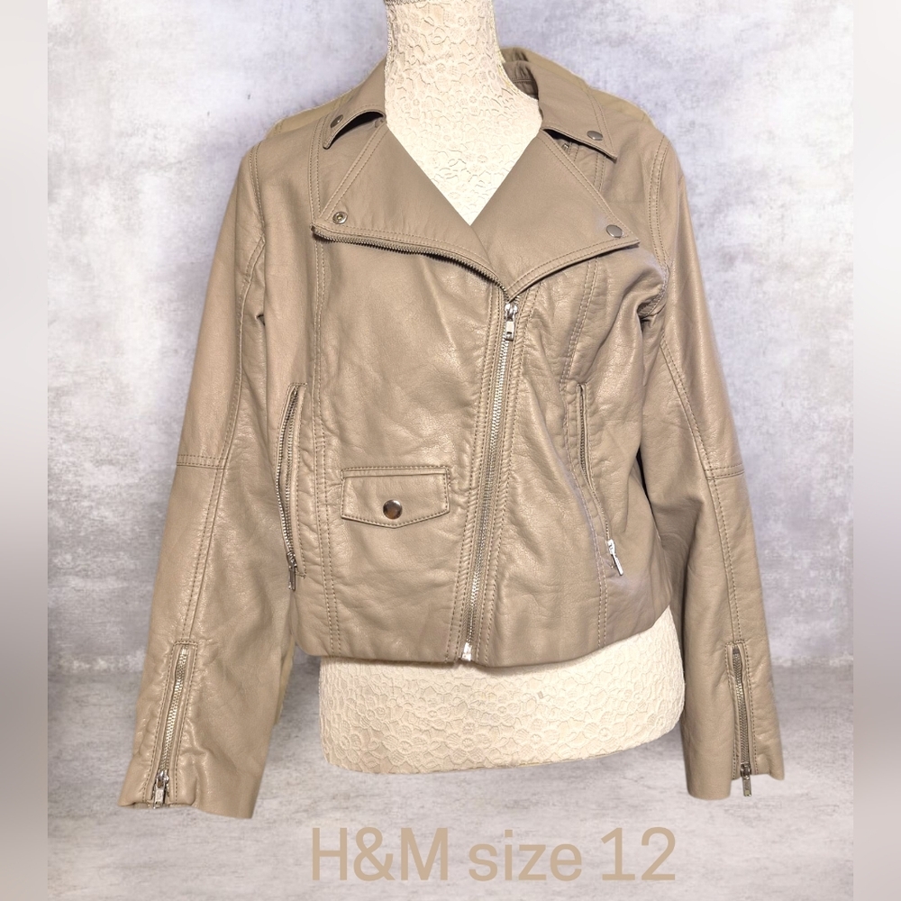 Taupe/Beige Moto Vegan Leather Jacket, Size L - Like New - H&M